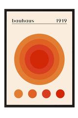 The image is a poster featuring a large circular design with concentric circles of varying shades of orange and red, along with the text "bauhaus 1919" at the top.