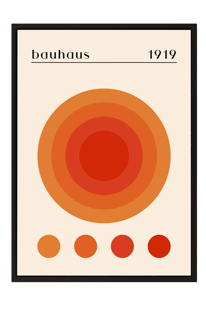 The image is a poster featuring a large circular design with concentric circles of varying shades of orange and red, along with the text "bauhaus 1919" at the top.