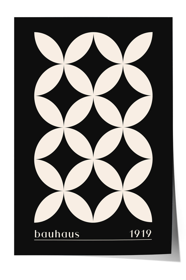 The image is a poster featuring a repeating pattern of white circles against a black background.