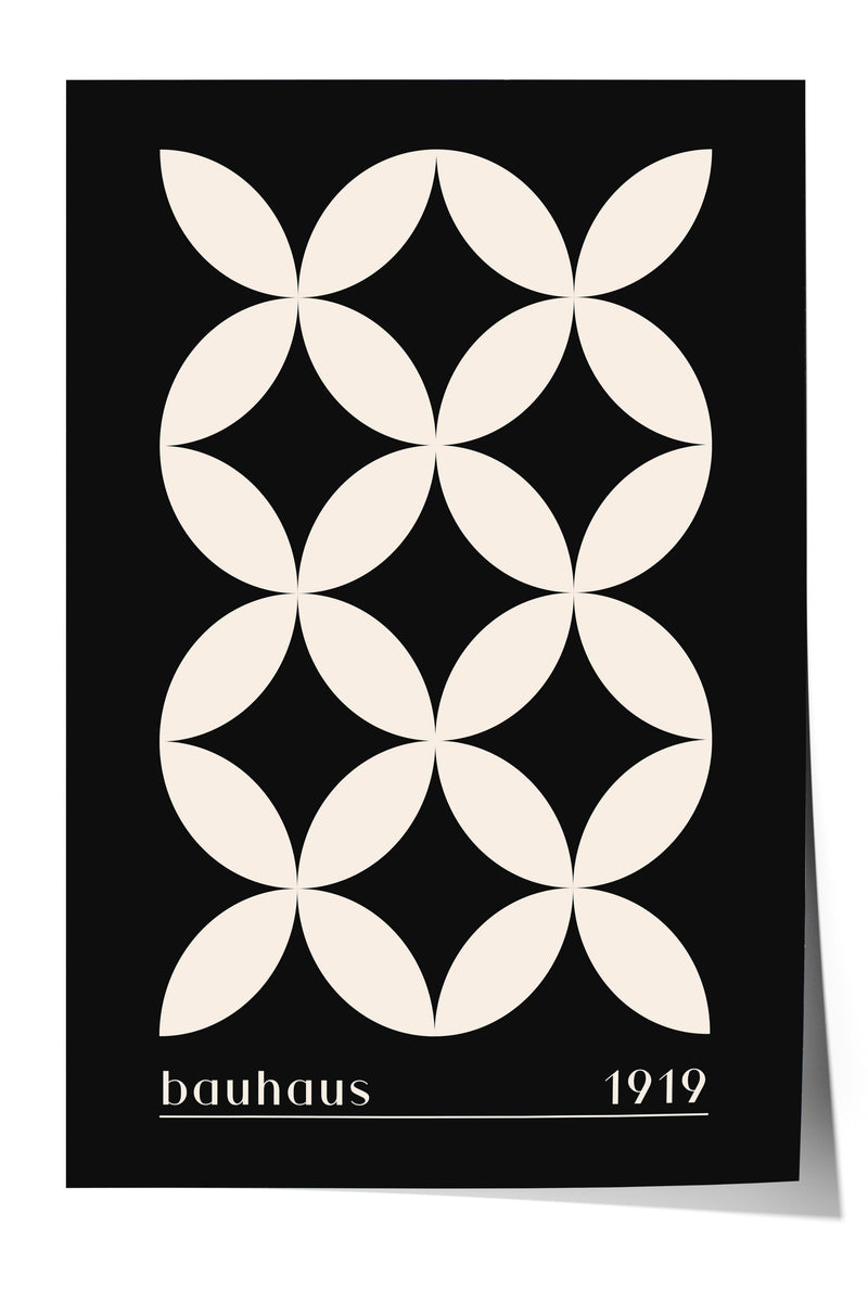 The image is a poster featuring a repeating pattern of white circles against a black background.