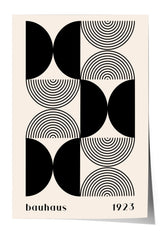 A poster featuring a repeating geometric pattern of black and white circles and lines, with the text "bauhaus 1923" below the design.