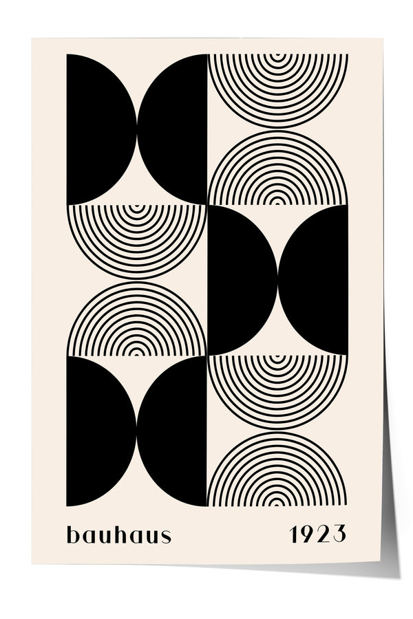 A poster featuring a repeating geometric pattern of black and white circles and lines, with the text "bauhaus 1923" below the design.