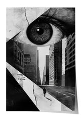 The image is a black and white photograph of a city street with a large eye in the foreground, and a lone figure walking down the sidewalk.