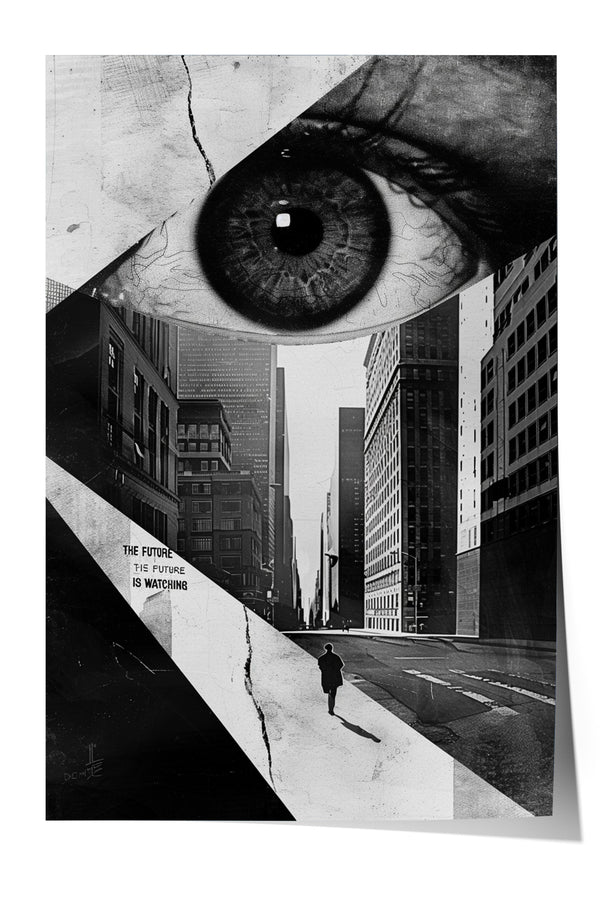 The image is a black and white photograph of a city street with a large eye in the foreground, and a lone figure walking down the sidewalk.
