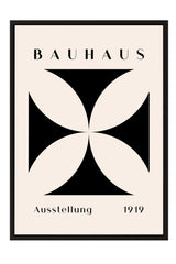 The image is a poster for the Bauhaus art school in 1919. It features a geometric design with a cross shape and the text "Bauhaus" and "Ausstellung 1919" displayed prominently.