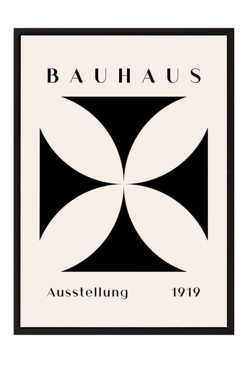 The image is a poster for the Bauhaus art school in 1919. It features a geometric design with a cross shape and the text "Bauhaus" and "Ausstellung 1919" displayed prominently.