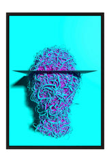 a vibrant, abstract representation of a head composed of colorful, tangled strands of hair in shades of blue and purple.