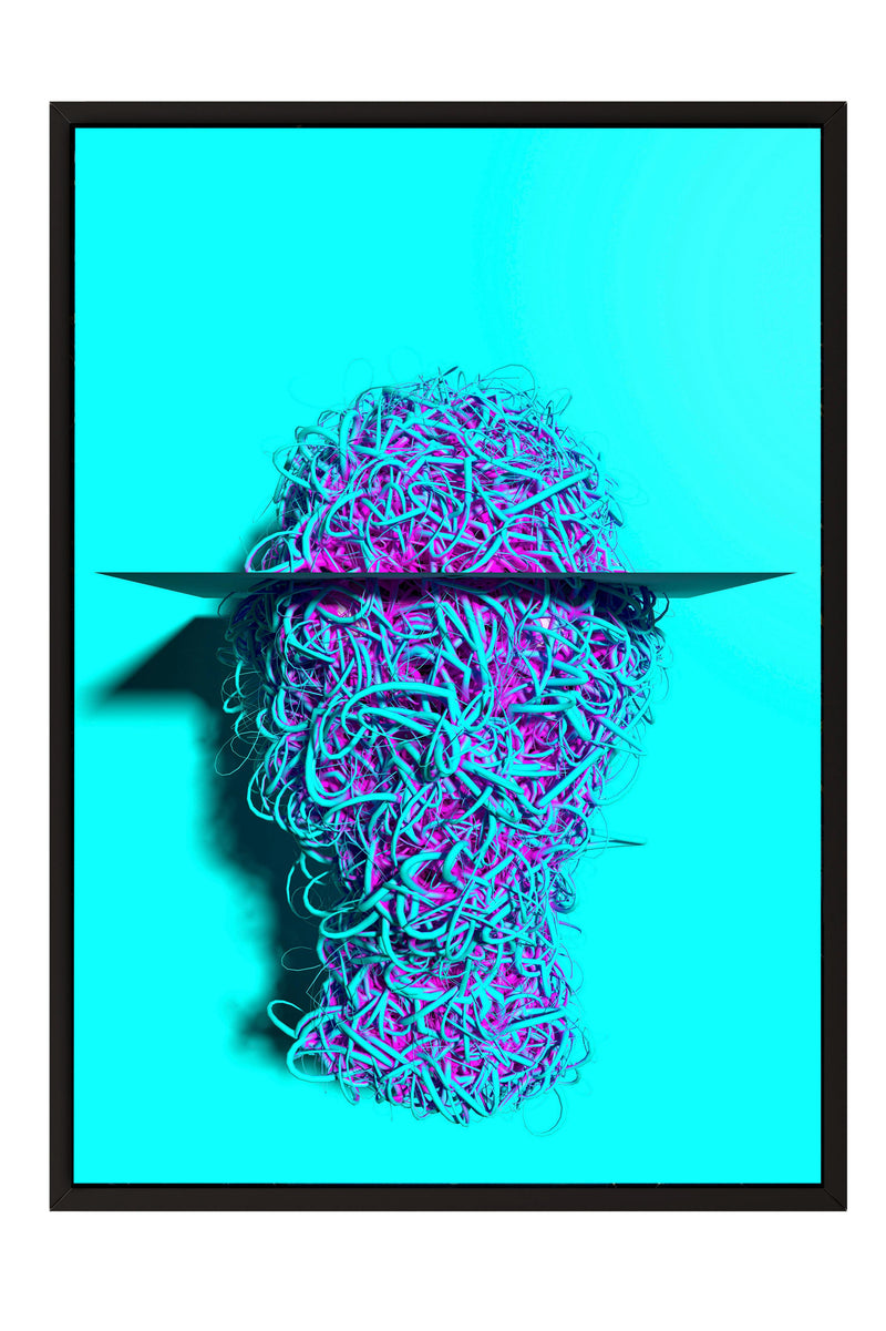 a vibrant, abstract representation of a head composed of colorful, tangled strands of hair in shades of blue and purple.
