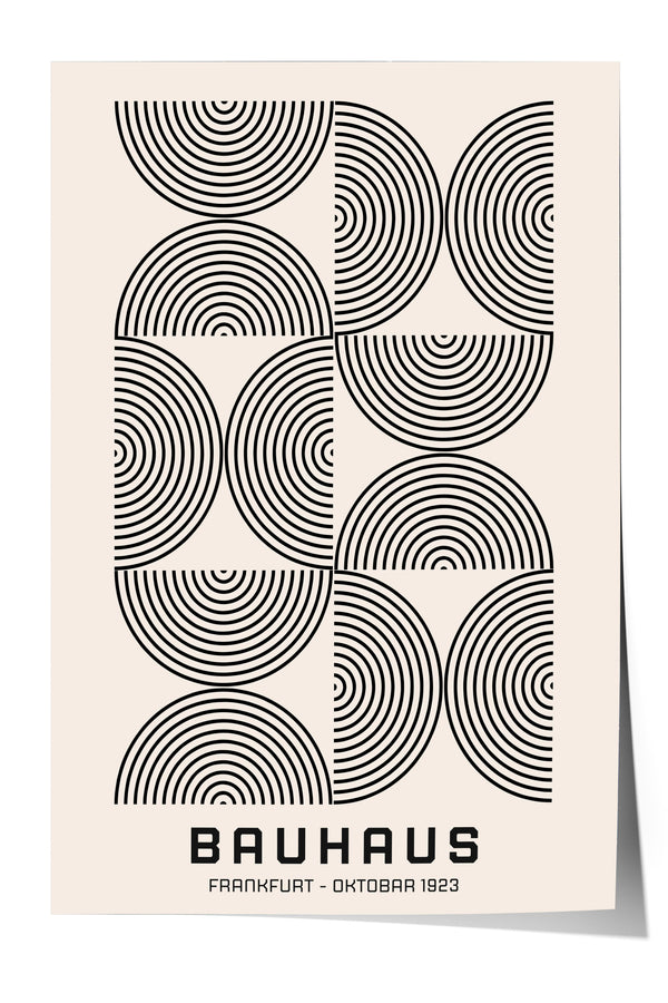 The image is a poster featuring a repeating pattern of black and white circles and lines, with the text "BAHAU" and "FRANKFURT - OKTOBAR 1923" below the design.