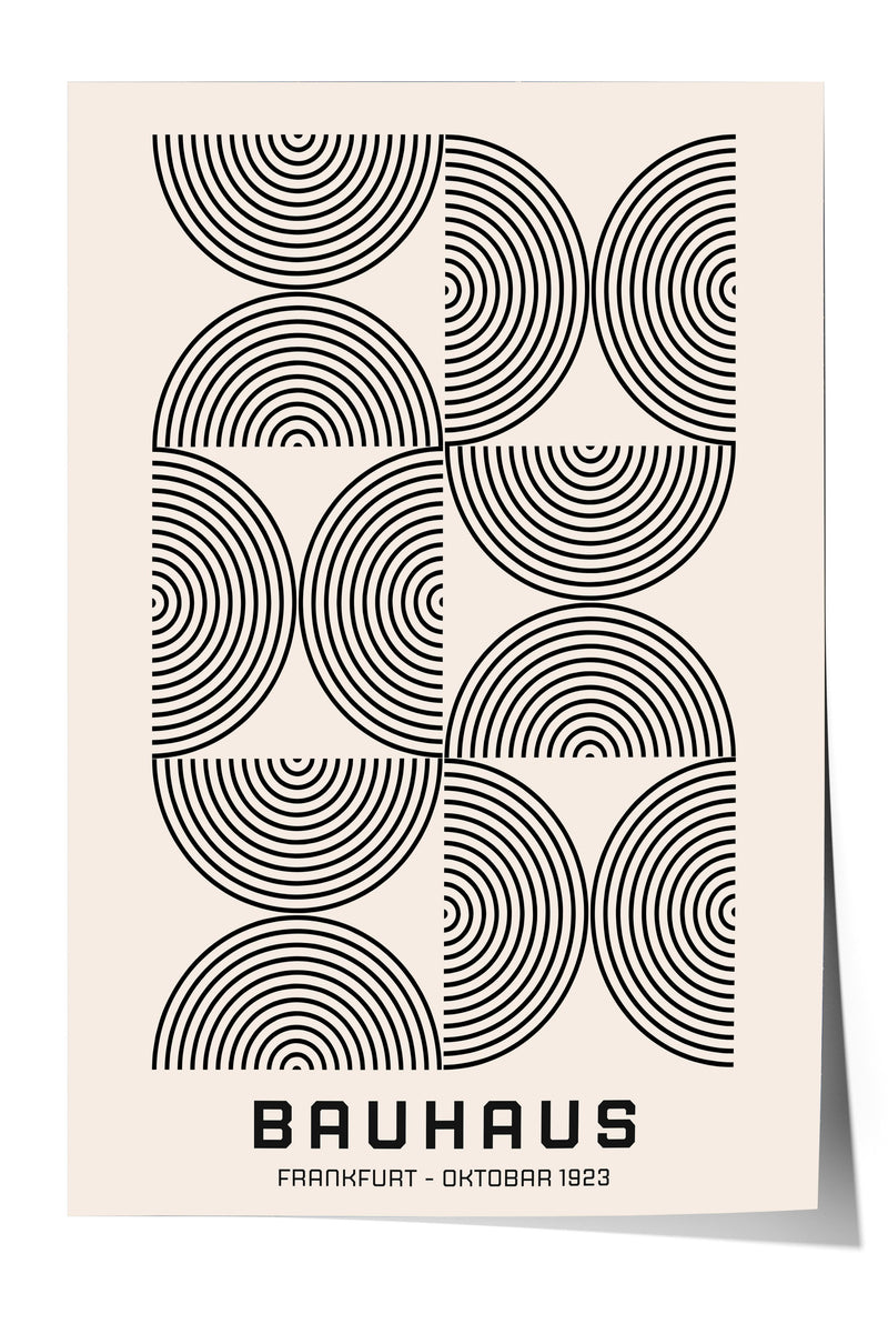 The image is a poster featuring a repeating pattern of black and white circles and lines, with the text "BAHAU" and "FRANKFURT - OKTOBAR 1923" below the design.