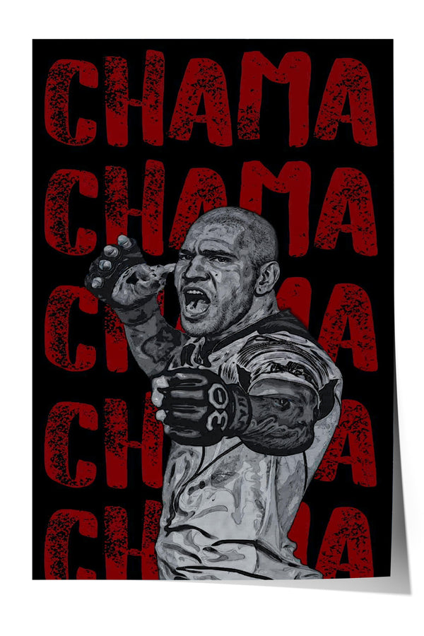 A black and white image of a person in a fighting stance, with the word "CHAM" repeated in red text throughout the background.