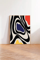 a large abstract artwork with bold black and white stripes and splashes of red and yellow.