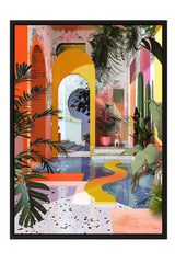 The image is a vibrant and colorful painting depicting an indoor garden scene with a winding path, lush plants, and a striking architectural structure with arches and a curved wall.
