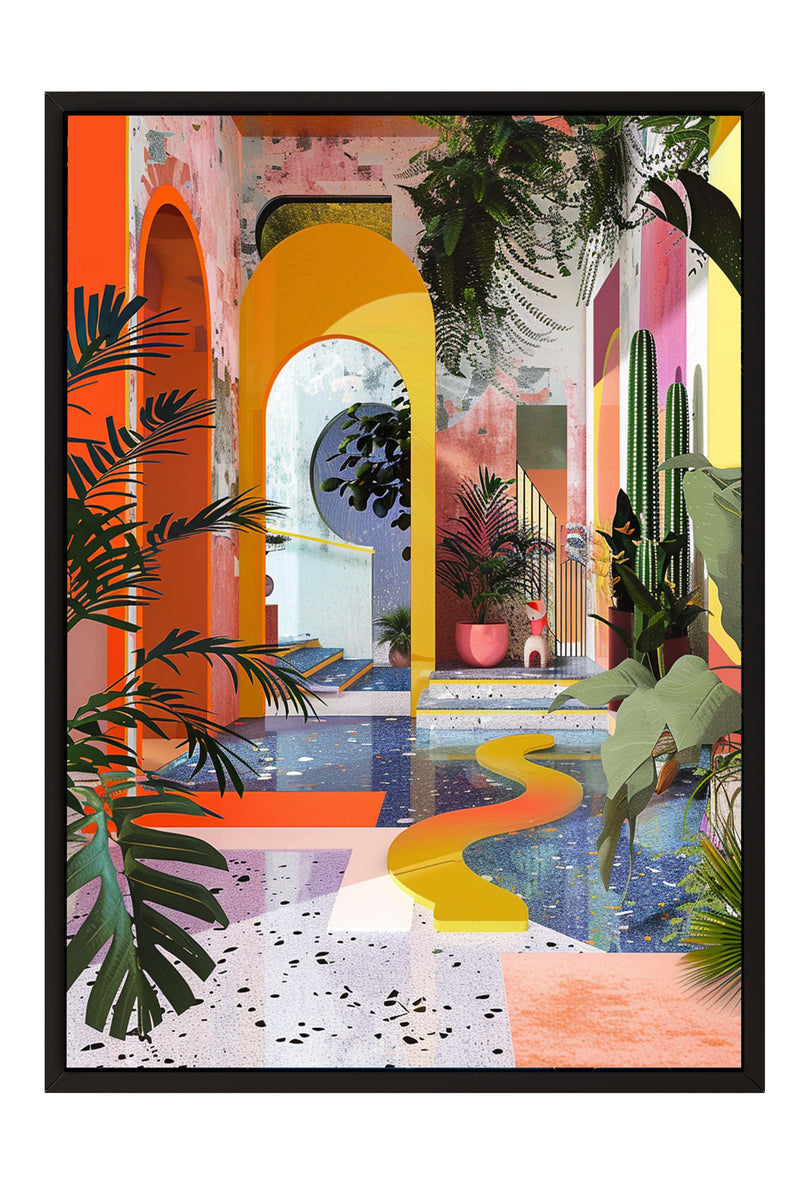 The image is a vibrant and colorful painting depicting an indoor garden scene with a winding path, lush plants, and a striking architectural structure with arches and a curved wall.