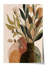 The image is a stylized abstract painting featuring a vase with various shades of green leaves and branches, set against a light beige background.