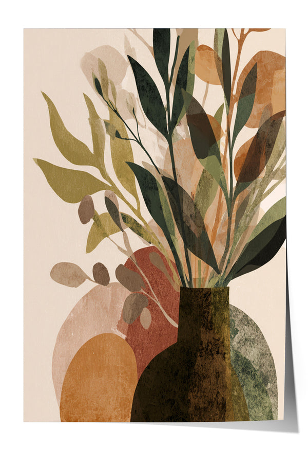 The image is a stylized abstract painting featuring a vase with various shades of green leaves and branches, set against a light beige background.