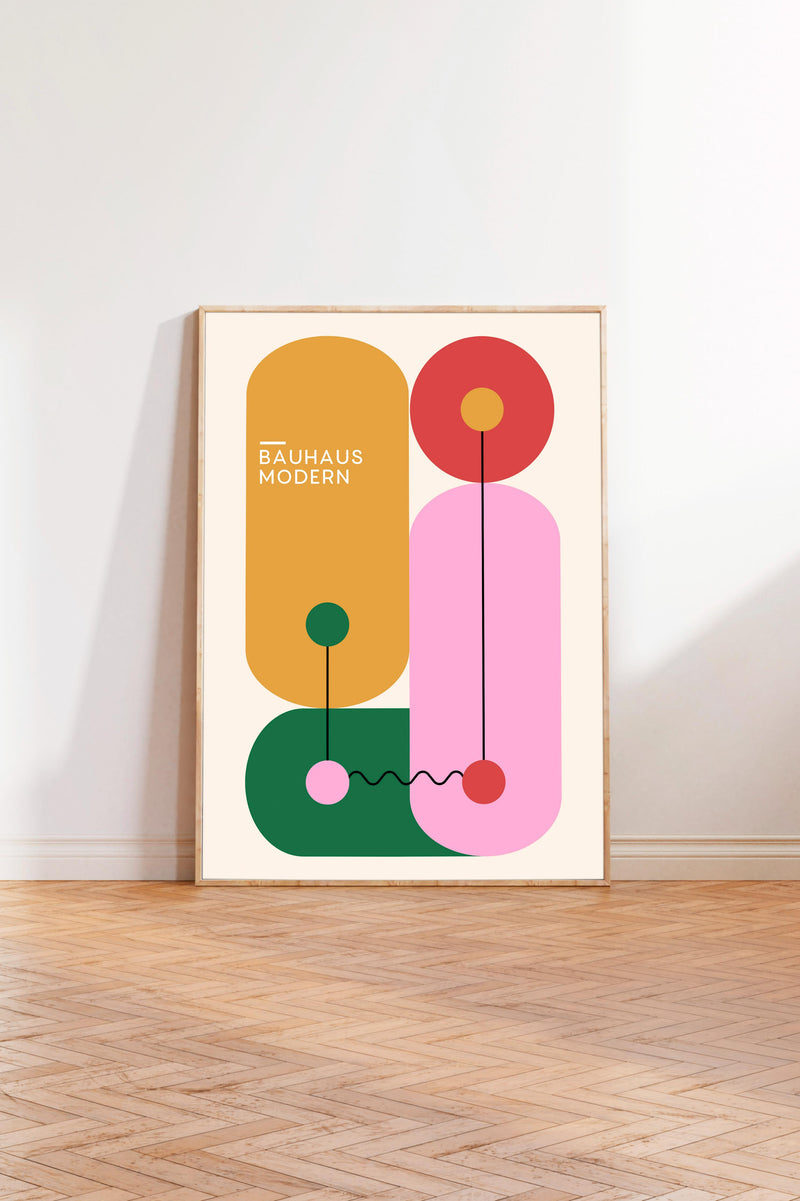 a minimalist art piece with geometric shapes and lines in various colors, including yellow, pink, green, and red. The text "BAUHAUS MODERN" is displayed prominently in the center of the artwork.