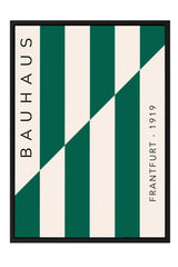 The image is a framed poster featuring a geometric design with green and white vertical stripes. The poster is titled "BAHAU" and includes the text "FRANTFURT" in the bottom right corner.