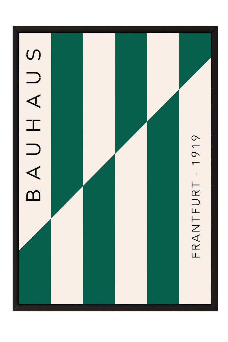 The image is a framed poster featuring a geometric design with green and white vertical stripes. The poster is titled "BAHAU" and includes the text "FRANTFURT" in the bottom right corner.