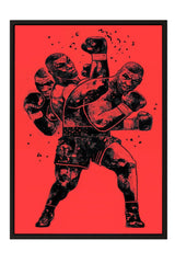 A striking black and red illustration depicting a muscular, determined boxer in the midst of a powerful punch.