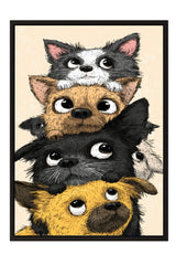 A group of cartoon-style dogs of various colors and sizes peeking out from behind each other, creating a playful and whimsical scene.