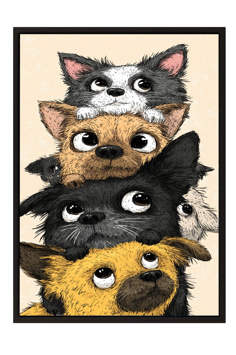 A group of cartoon-style dogs of various colors and sizes peeking out from behind each other, creating a playful and whimsical scene.