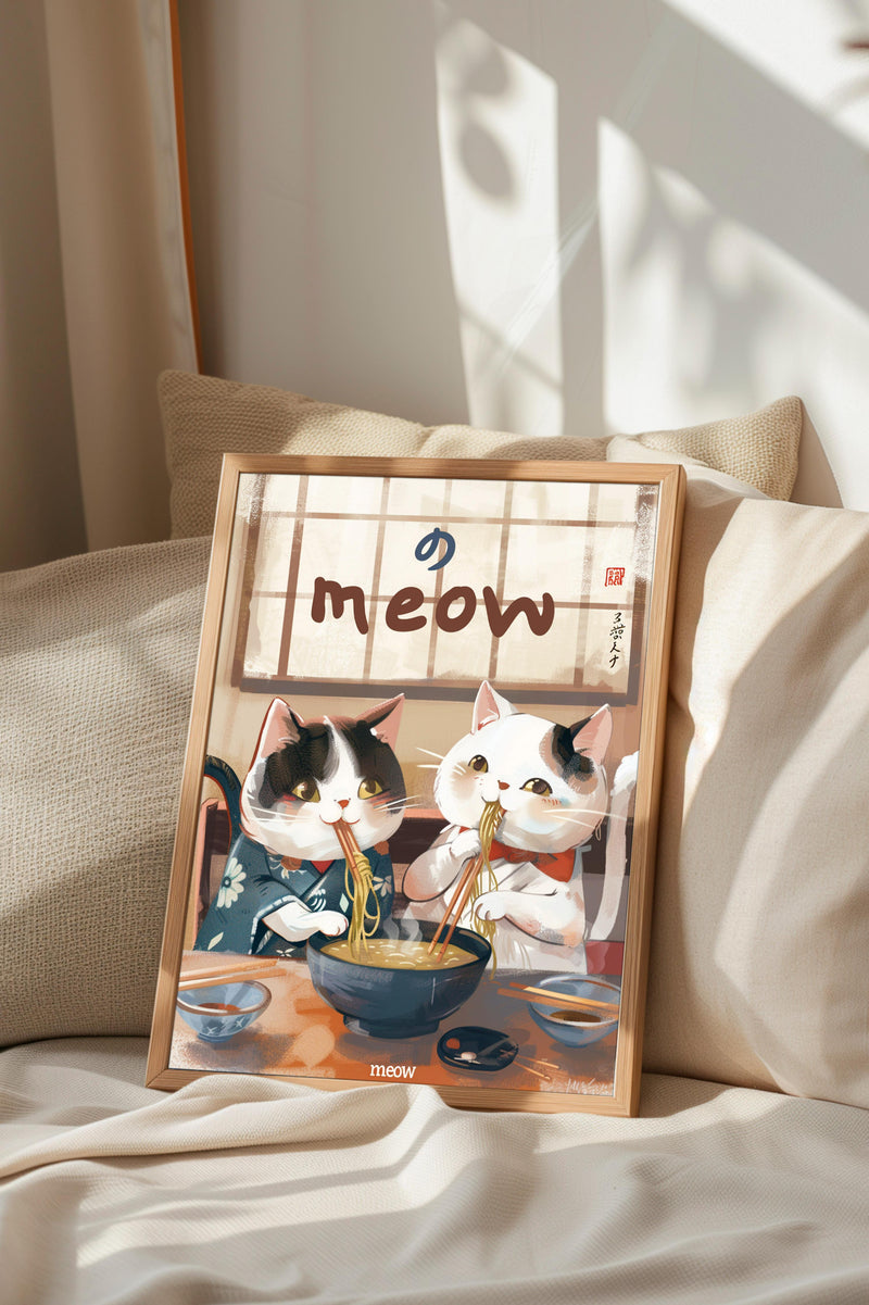 two cats sitting at a table, one of them holding a bowl of noodles.