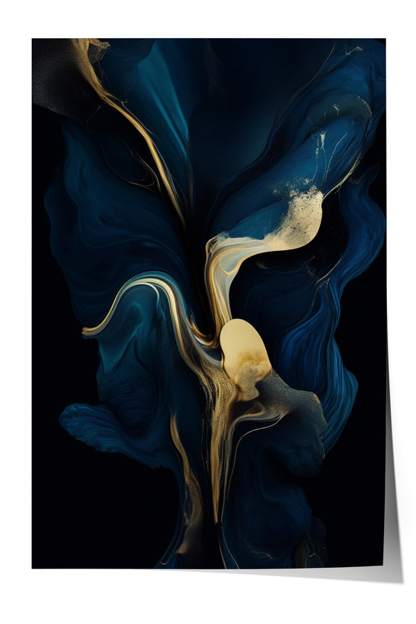 The image is an abstract art piece with swirling, fluid shapes and colors, predominantly blue and gold.