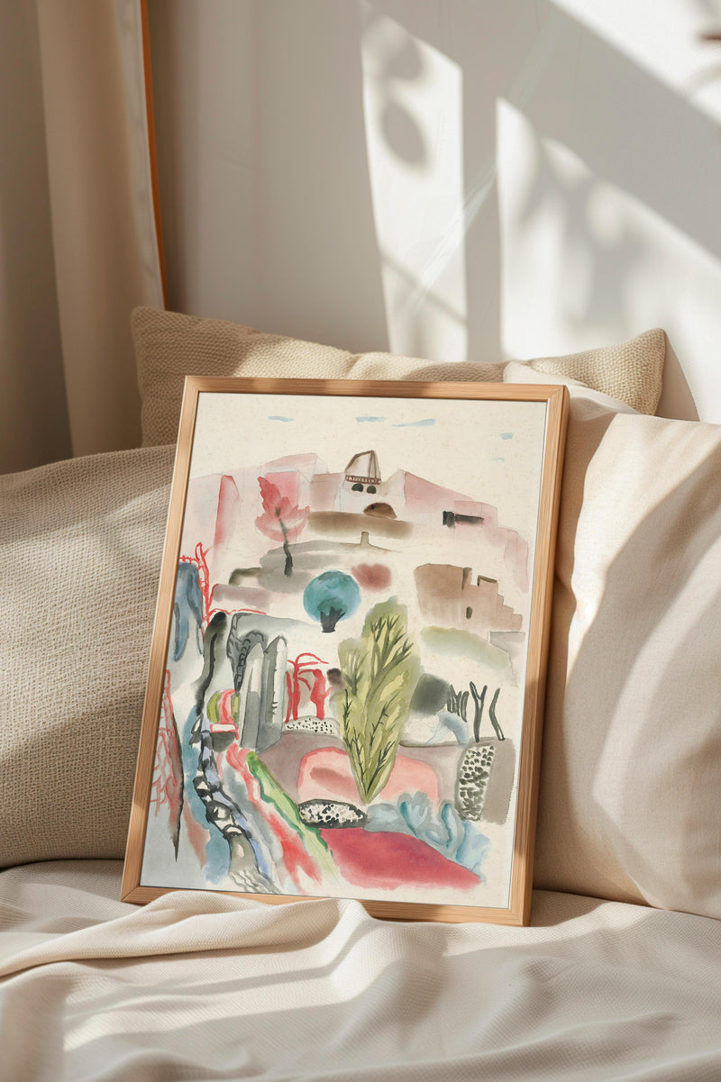 a framed painting of a colorful abstract landscape, with various shapes and colors creating a vibrant and dynamic scene.
