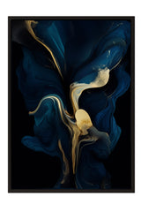 The image is an abstract artwork with swirling, fluid shapes in shades of blue and gold. The composition is dynamic and visually striking, with the colors and shapes creating a sense of movement and energy.