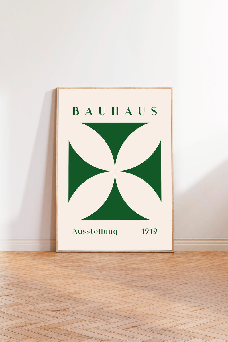 a poster of the Bauhaus art school, with a minimalist design and a green and white color scheme.
