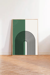 a minimalist art piece with a green and white color scheme, featuring a black and white geometric design with a curved line.