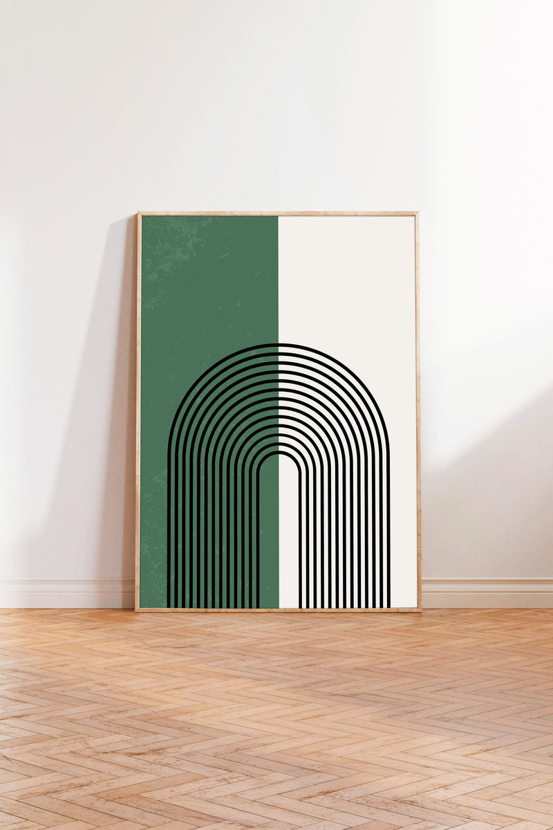 a minimalist art piece with a green and white color scheme, featuring a black and white geometric design with a curved line.