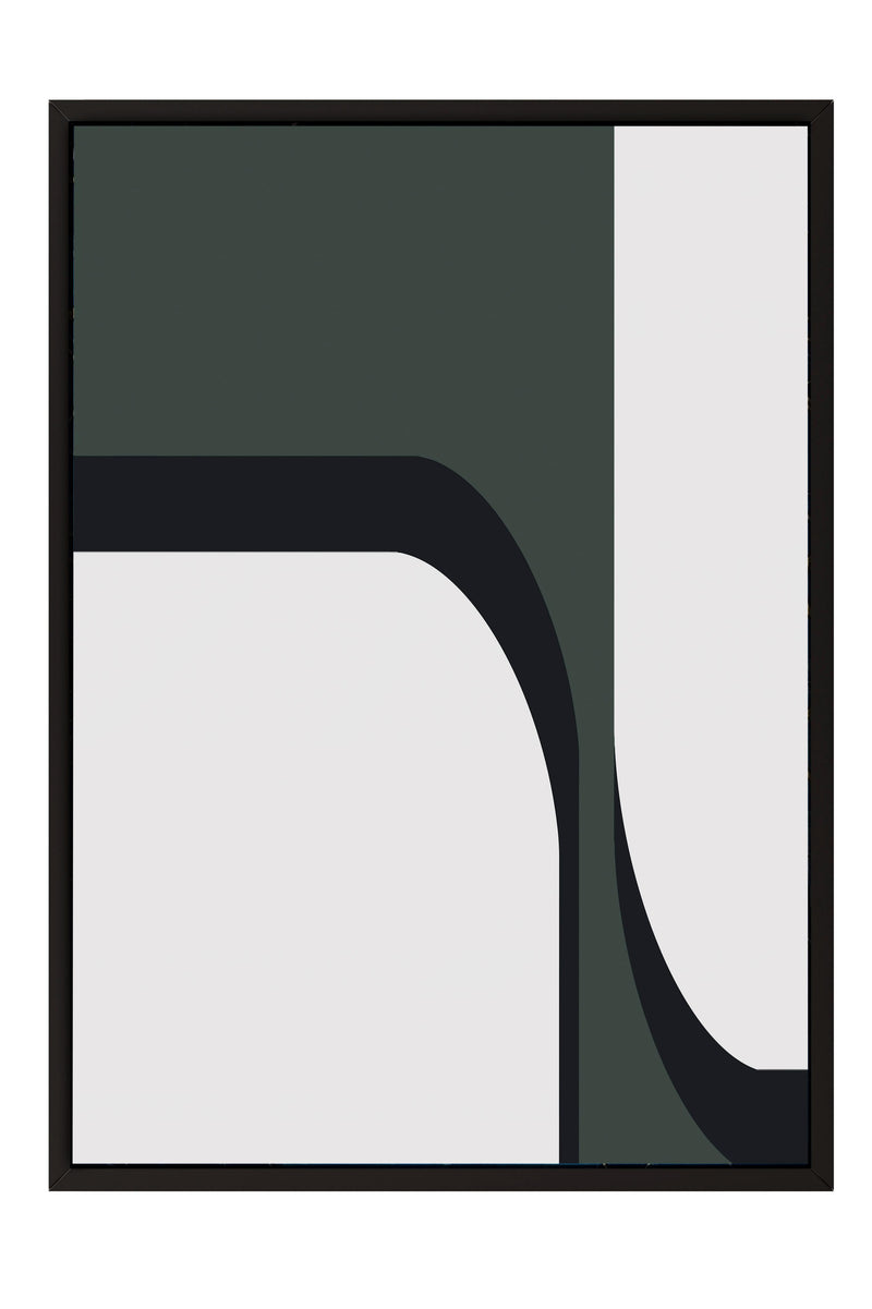 The image is a minimalist abstract artwork consisting of a square frame with a dark green background and two white rectangles on either side.