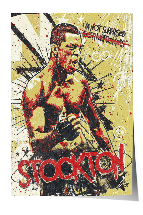 The image is a poster featuring a muscular man with a determined expression, surrounded by a chaotic and aggressive design with splashes of color and text.