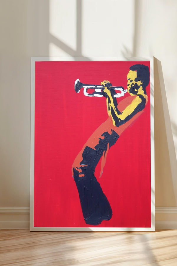 The image is a painting of a person playing a trumpet, set against a red background.