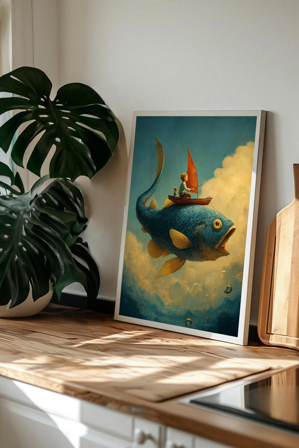 a framed painting of a person riding a large blue fish, with a sailboat on the fish's back, floating in the air. The painting is displayed on a wooden surface, with a potted plant and a wooden cutting board visible in the background.