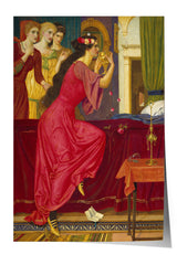 The image is a painting depicting a woman in a red dress, surrounded by other women in colorful dresses, in a room with a table and a vase.