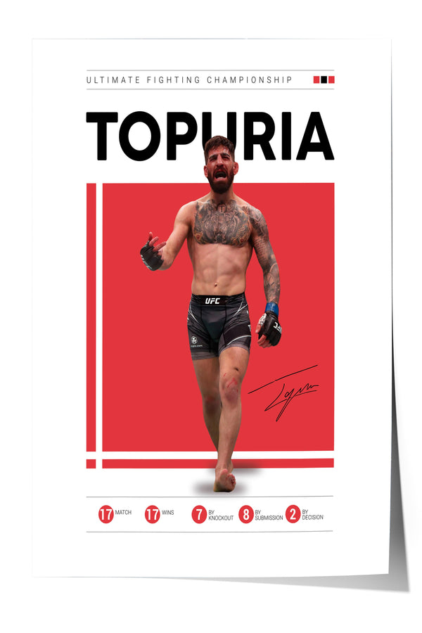 a shirtless male fighter with tattoos, standing in front of a red background.