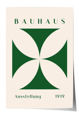 The image is a poster featuring the Bauhaus logo, which consists of a stylized green flower-like shape with a cross-like pattern inside it. The text "BAHAU" is displayed above the logo, and "Aussstellung 1919" is written below it.
