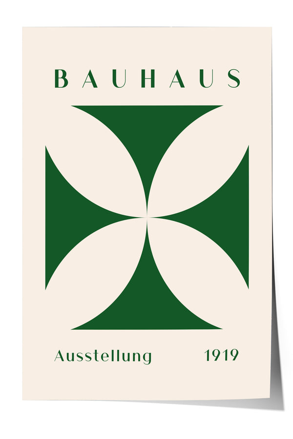The image is a poster featuring the Bauhaus logo, which consists of a stylized green flower-like shape with a cross-like pattern inside it. The text "BAHAU" is displayed above the logo, and "Aussstellung 1919" is written below it.