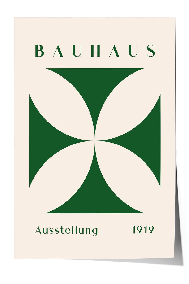 The image is a poster featuring the Bauhaus logo, which consists of a stylized green flower-like shape with a cross-like pattern inside it. The text "BAHAU" is displayed above the logo, and "Aussstellung 1919" is written below it.