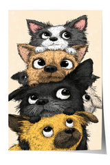 A group of cute, cartoon-like dogs of various colors and breeds stacked on top of each other, with their eyes wide open and looking up.