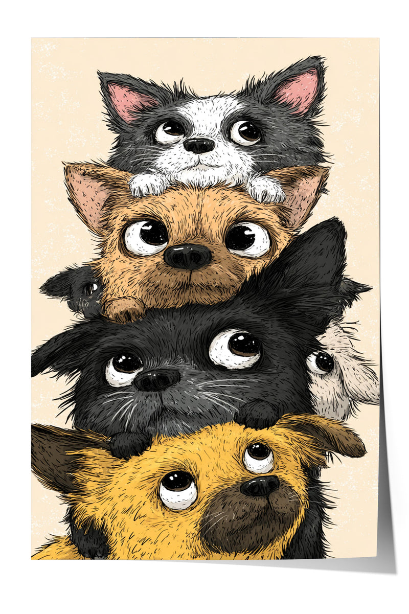 A group of cute, cartoon-like dogs of various colors and breeds stacked on top of each other, with their eyes wide open and looking up.