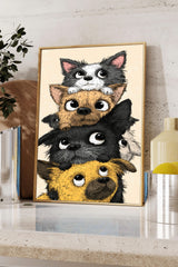 A framed illustration of a group of cartoon-style cats and a dog peeking out from behind them, creating a playful and whimsical scene.