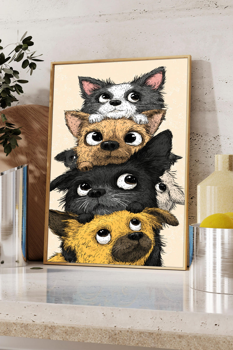 A framed illustration of a group of cartoon-style cats and a dog peeking out from behind them, creating a playful and whimsical scene.