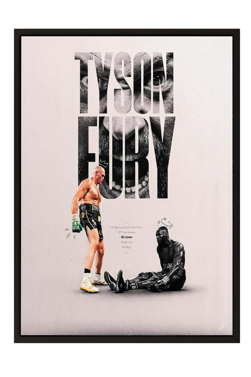 The image is a framed poster featuring a black and white image of two men, one standing and one lying down, with the name "TYSON FURY" prominently displayed above them.