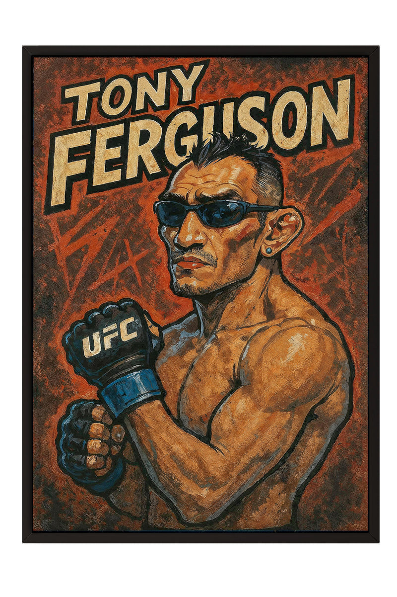 A muscular man wearing sunglasses and holding a fighting glove, with the name "TONY FERGUSON" written above him.