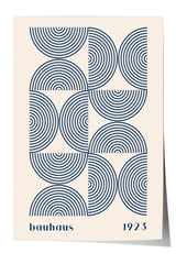 A poster featuring a repeating pattern of blue circles and lines, with the text "bauhaus 1923" below the design.