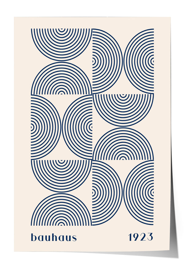 A poster featuring a repeating pattern of blue circles and lines, with the text "bauhaus 1923" below the design.